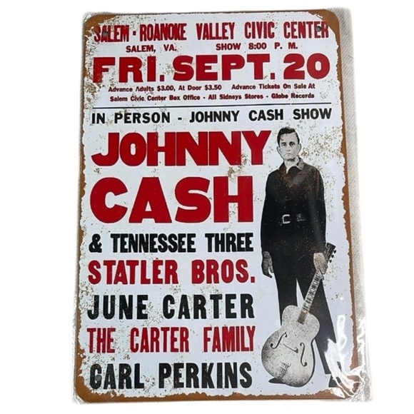 Vintage Vibe NWT Johnny Cash Show Tin Metal Sign Red White Black Rusty - Picture 1 of 6